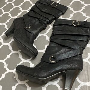 Nadora black dress scrunch boots faux suede 8 1/2 M, heels 3 inch